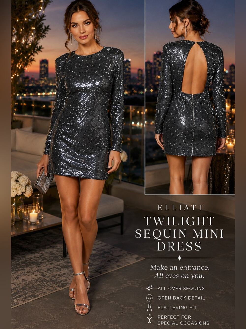Elliatt Twilight Sequin Mini Pewter Silver Open Back Cocktail Dress Size Small